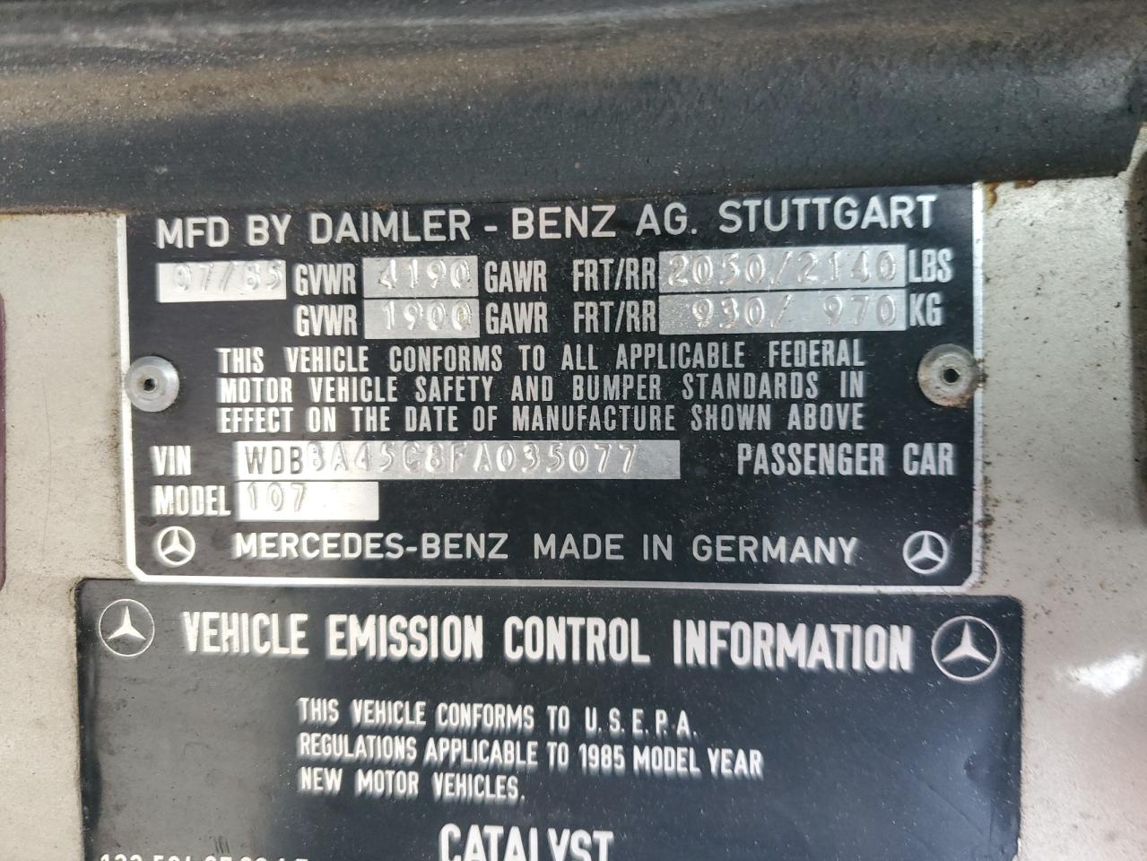 1985 Mercedes-Benz 380 Sl VIN: WDBBA45C8FA035077 Lot: 57941015