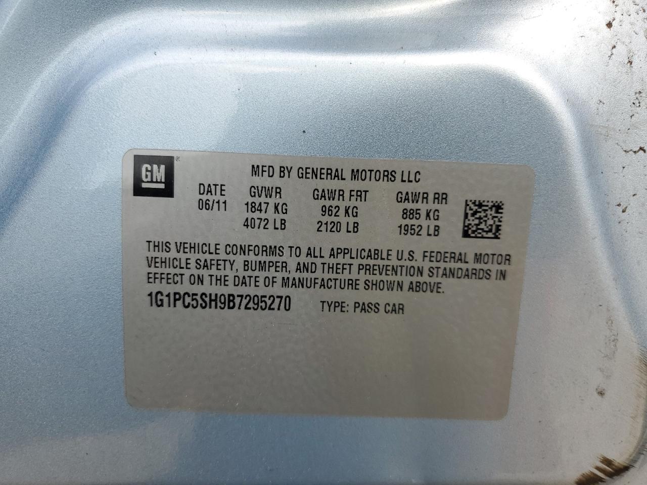 2011 Chevrolet Cruze Ls VIN: 1G1PC5SH9B7295270 Lot: 57274485