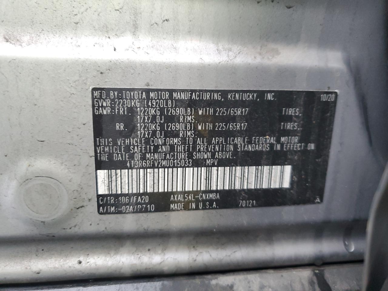 2021 Toyota Rav4 Xle VIN: 4T3R6RFV2MU015033 Lot: 56371295