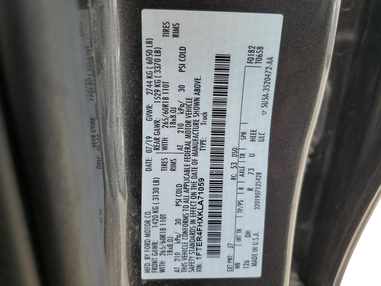 2019 Ford Ranger Xl VIN: 1FTER4FHXKLA71059 Lot: 57252615
