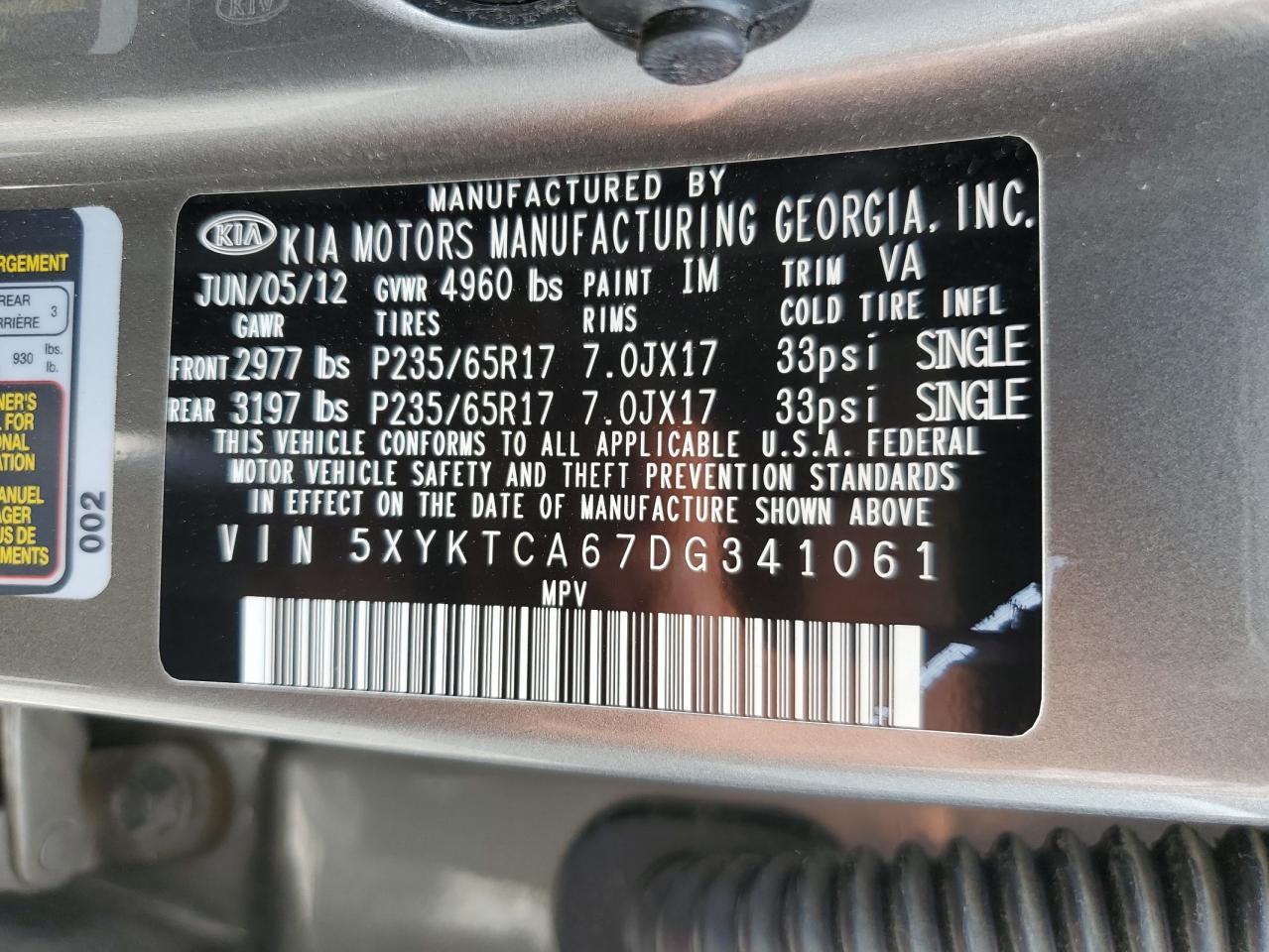 2013 Kia Sorento Lx VIN: 5XYKTCA67DG341061 Lot: 56760585