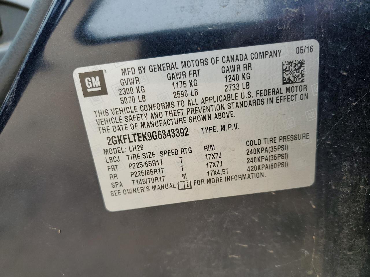 2016 GMC Terrain Sle VIN: 2GKFLTEK9G6343392 Lot: 57334435