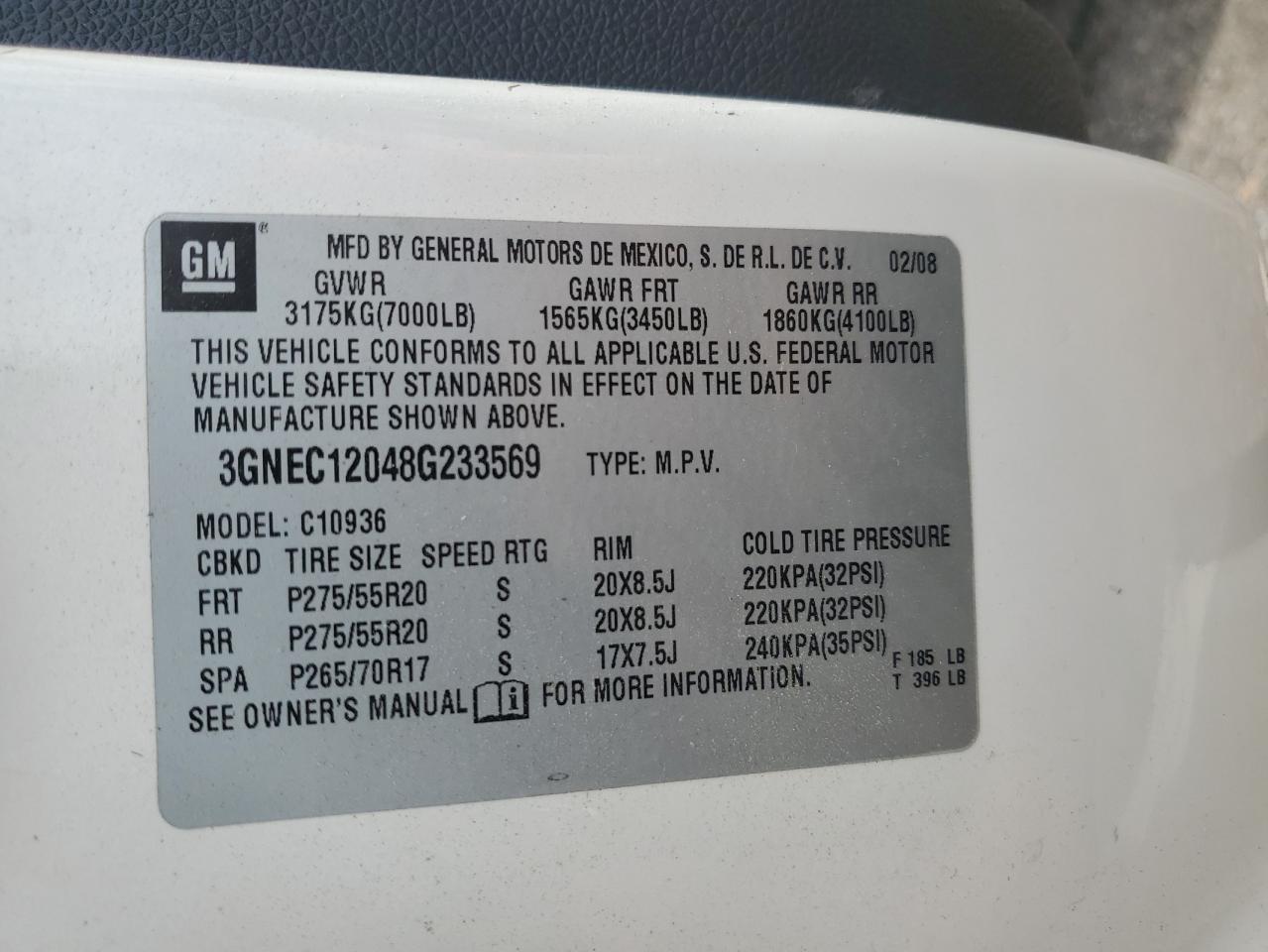 2008 Chevrolet Avalanche C1500 VIN: 3GNEC12048G233569 Lot: 56966565