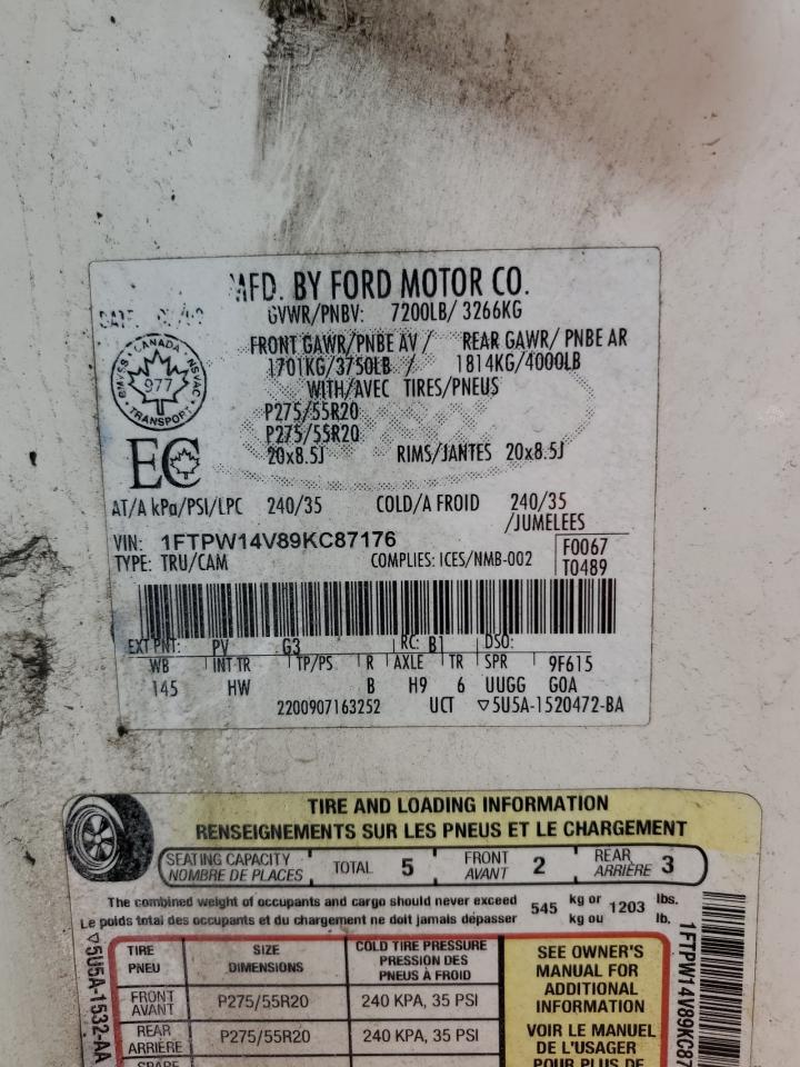 2009 Ford F150 Supercrew VIN: 1FTPW14V89KC87176 Lot: 58819145