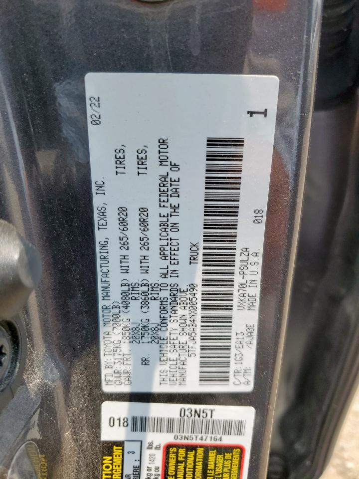 2022 Toyota Tundra Crewmax Limited VIN: 5TFJA5AB4NX005490 Lot: 57587195