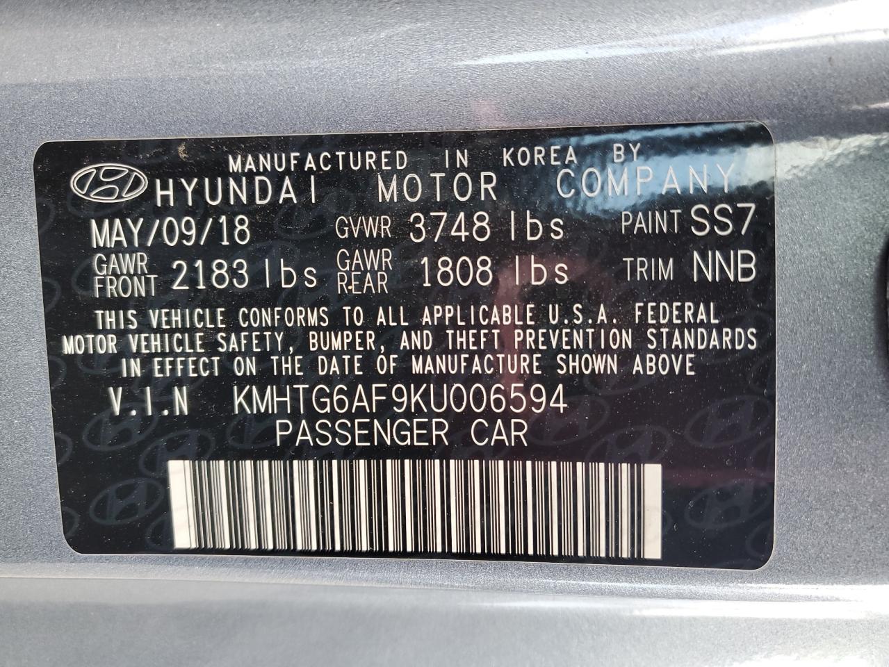 2019 Hyundai Veloster Base VIN: KMHTG6AF9KU006594 Lot: 56765575