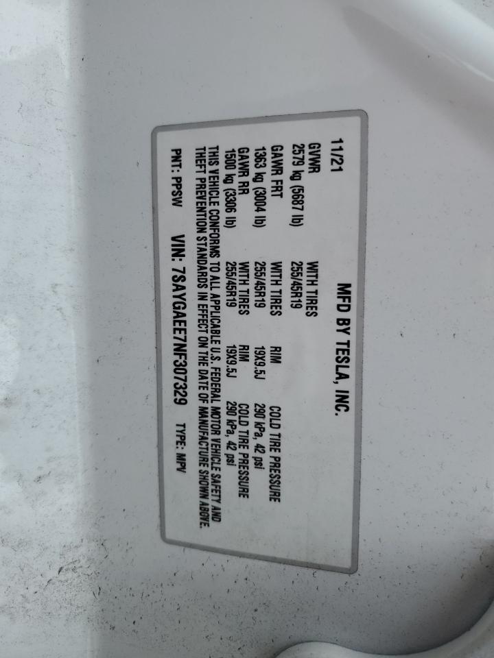 2022 Tesla Model Y VIN: 7SAYGAEE7NF307329 Lot: 57294955