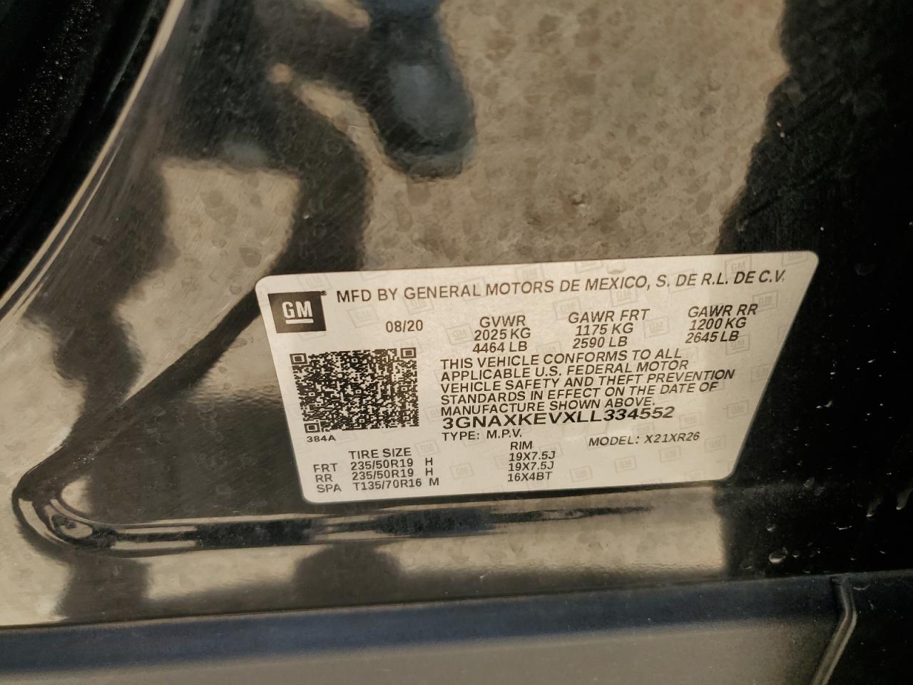 2020 Chevrolet Equinox Lt VIN: 3GNAXKEVXLL334552 Lot: 56661165