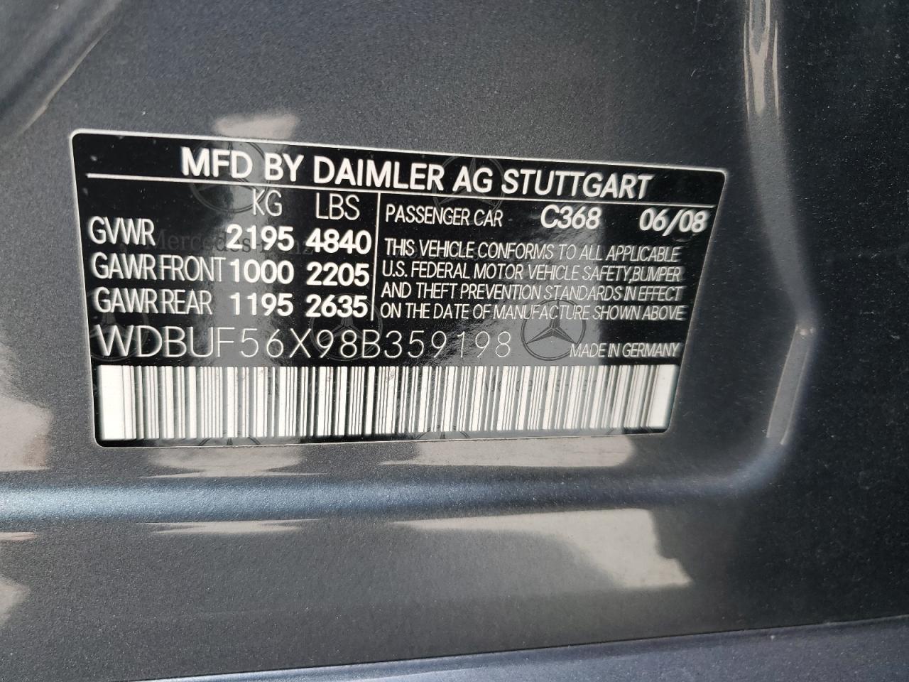 2008 Mercedes-Benz E 350 VIN: WDBUF56X98B359198 Lot: 57625445