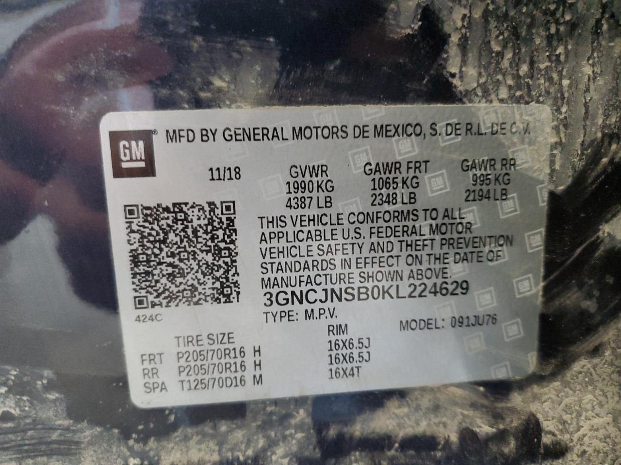 2019 Chevrolet Trax Ls VIN: 3GNCJNSB0KL224629 Lot: 54348165