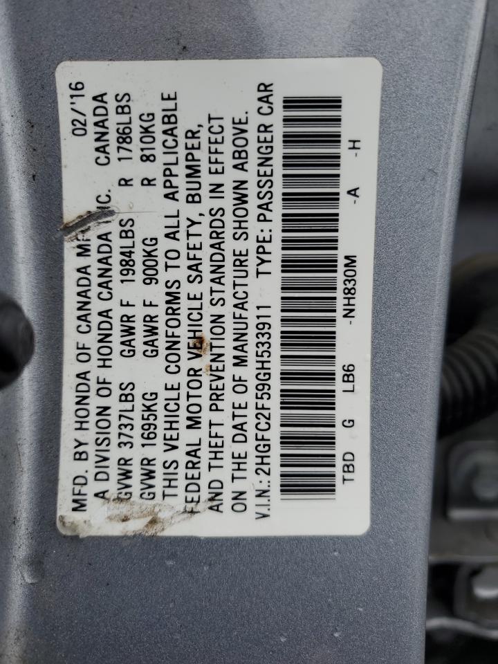 2016 Honda Civic Lx VIN: 2HGFC2F59GH533911 Lot: 56928655