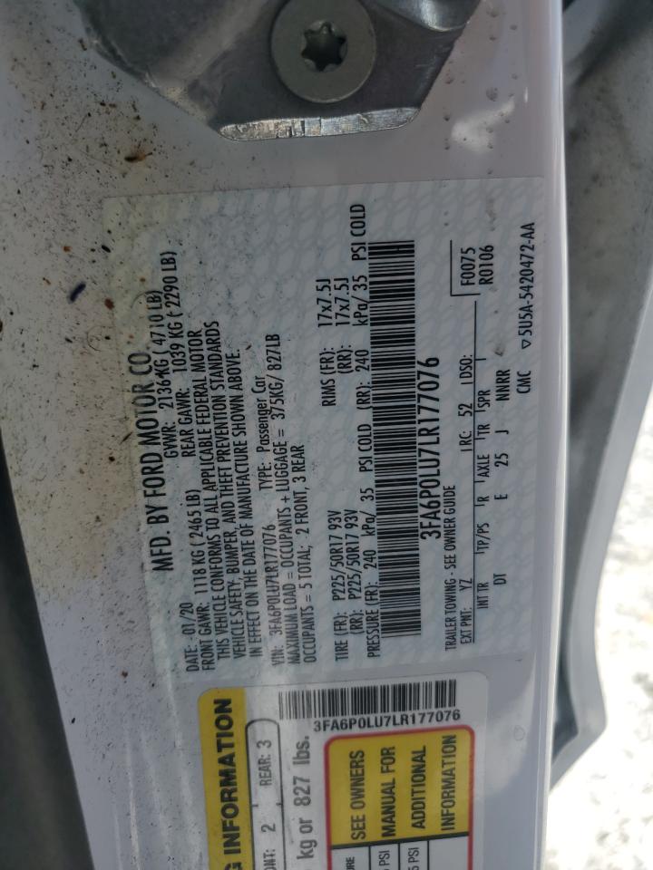 2020 Ford Fusion Se VIN: 3FA6P0LU7LR177076 Lot: 54030385