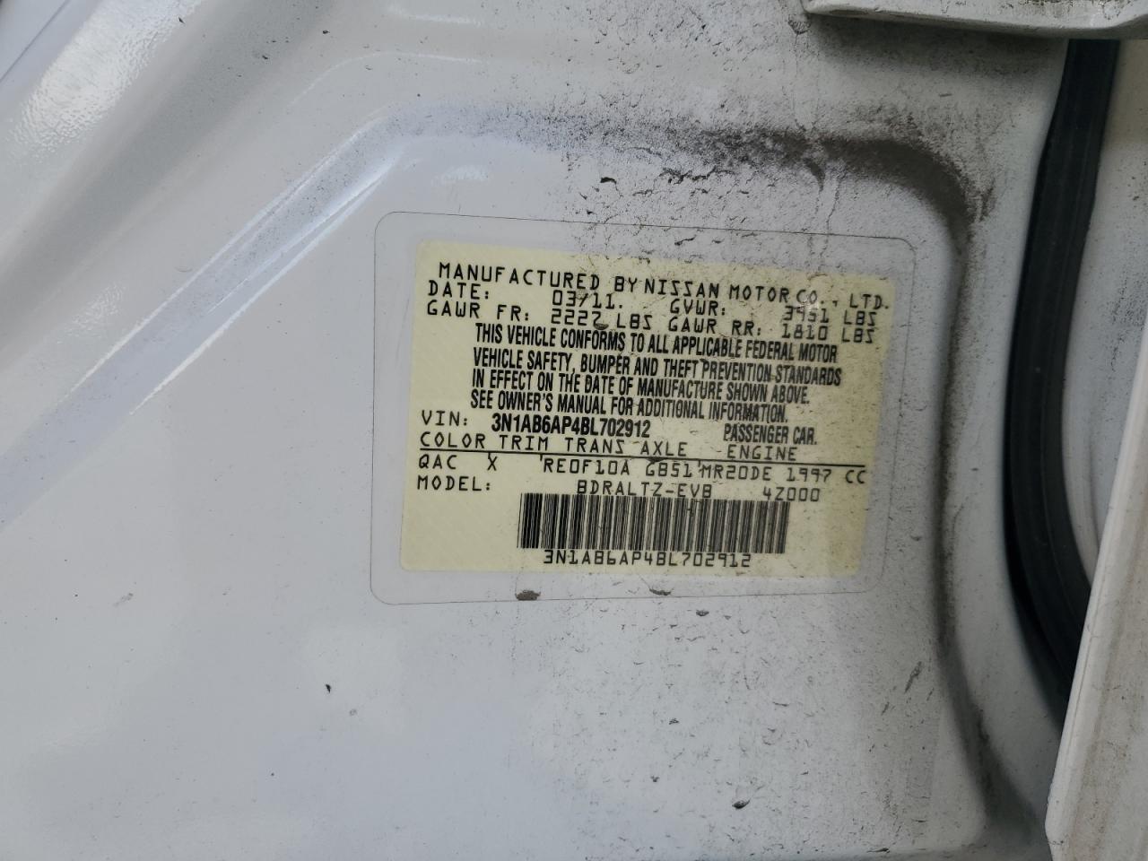 2011 Nissan Sentra 2.0 VIN: 3N1AB6AP4BL702912 Lot: 57255825