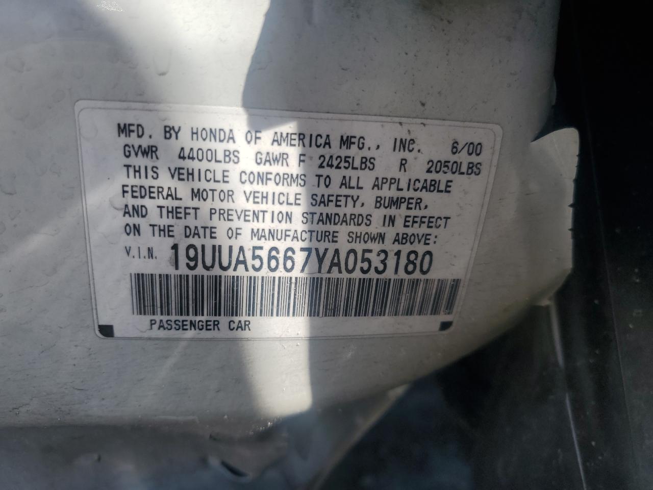 2000 Acura 3.2Tl VIN: 19UUA5667YA053180 Lot: 61875575