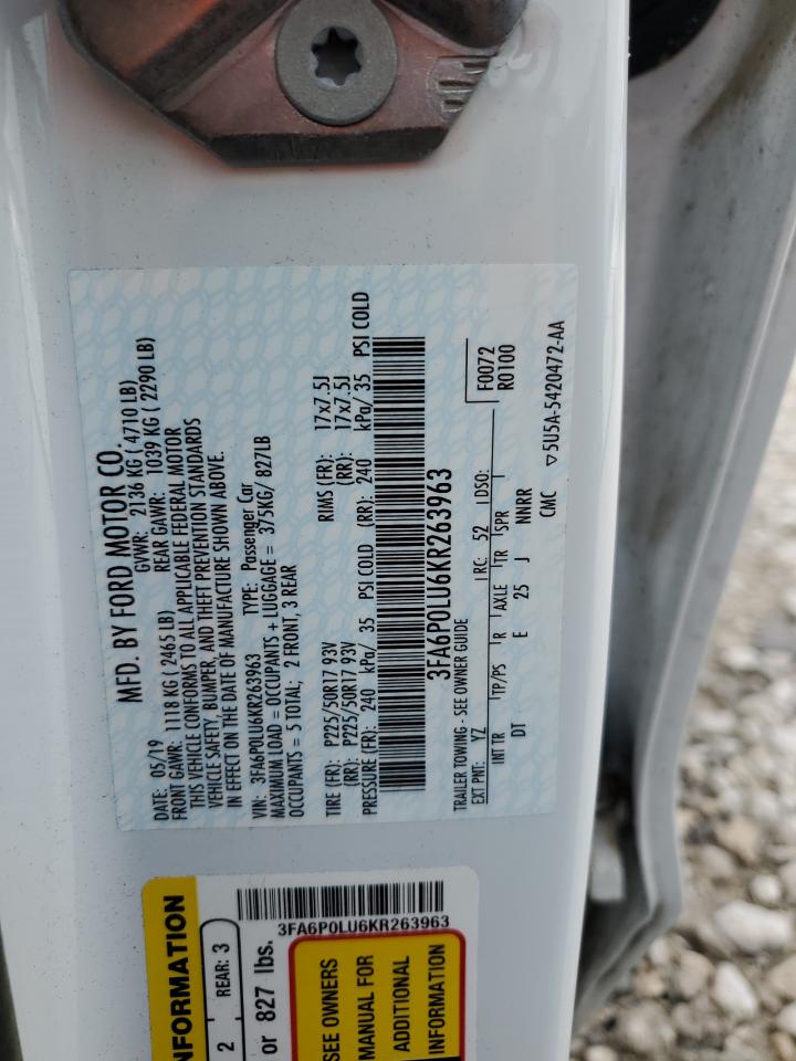 2019 Ford Fusion Se VIN: 3FA6P0LU6KR263963 Lot: 54023715