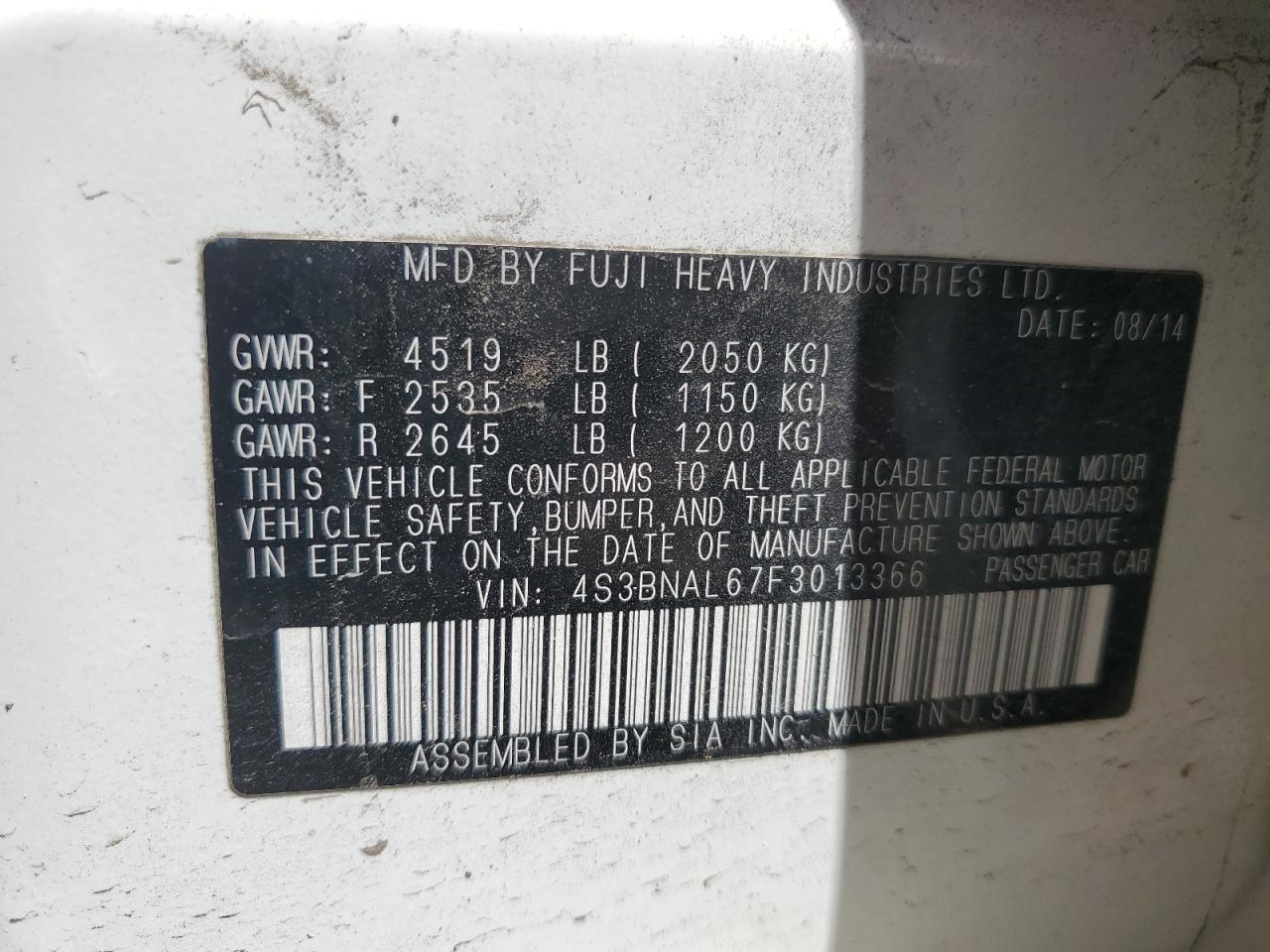 2015 Subaru Legacy 2.5I Limited VIN: 4S3BNAL67F3013366 Lot: 57242365