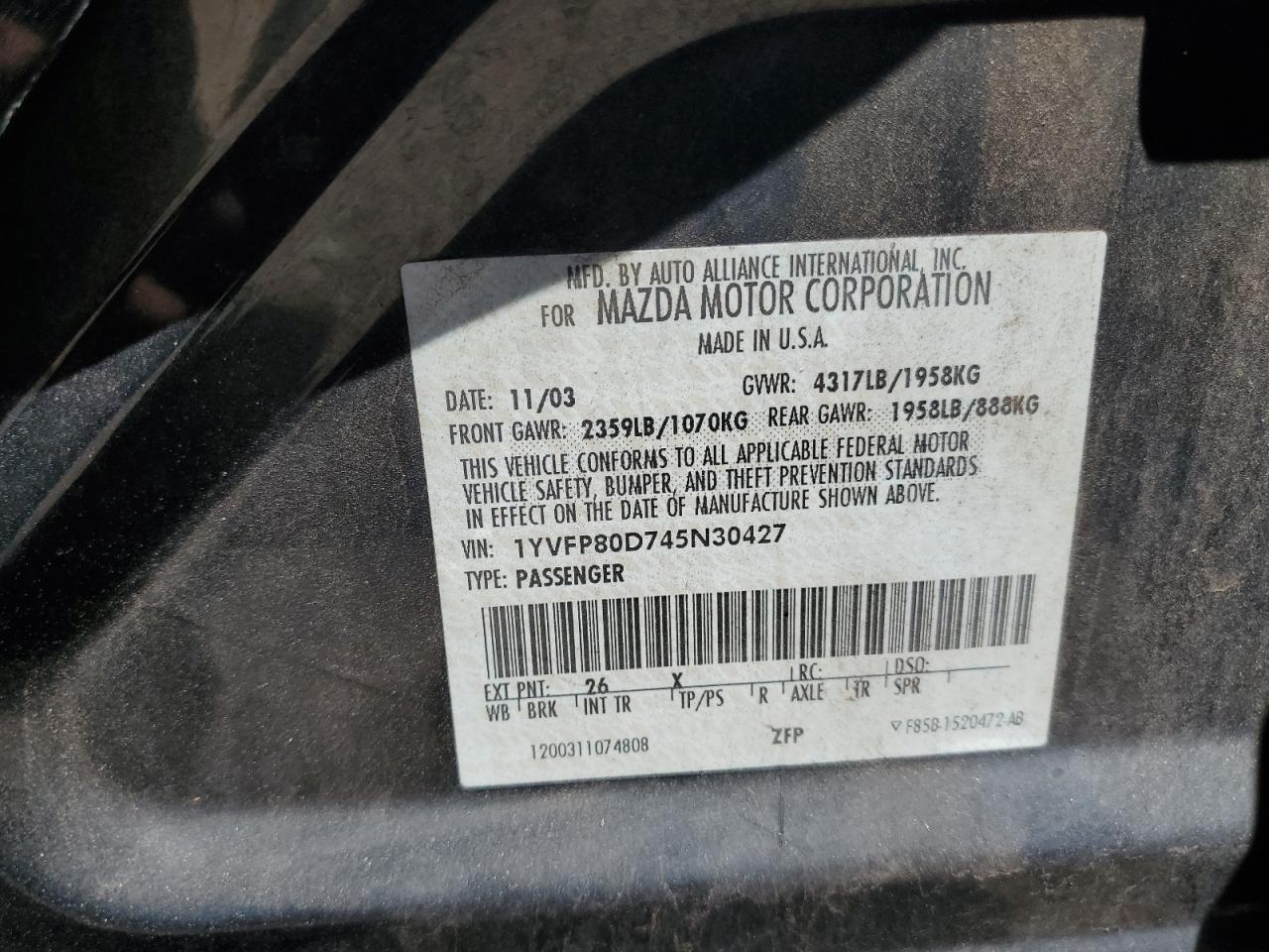2004 Mazda 6 S VIN: 1YVFP80D745N30427 Lot: 56692475