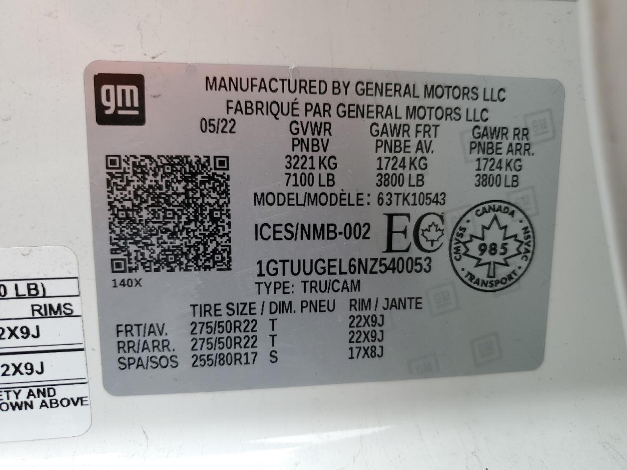 2022 GMC Sierra K1500 Denali VIN: 1GTUUGEL6NZ540053 Lot: 55141945