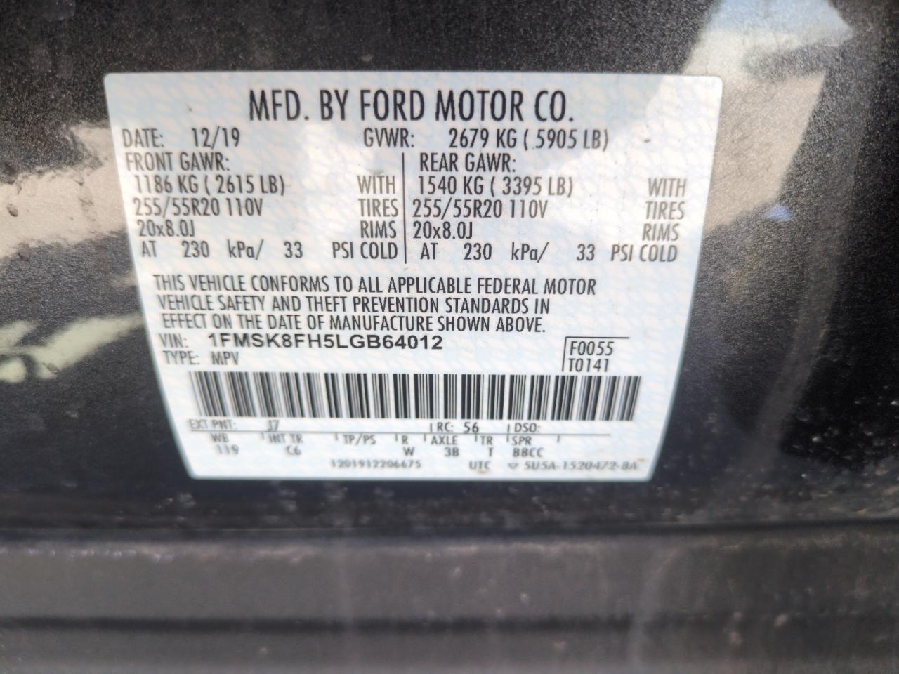 2020 Ford Explorer Limited VIN: 1FMSK8FH5LGB64012 Lot: 57082965