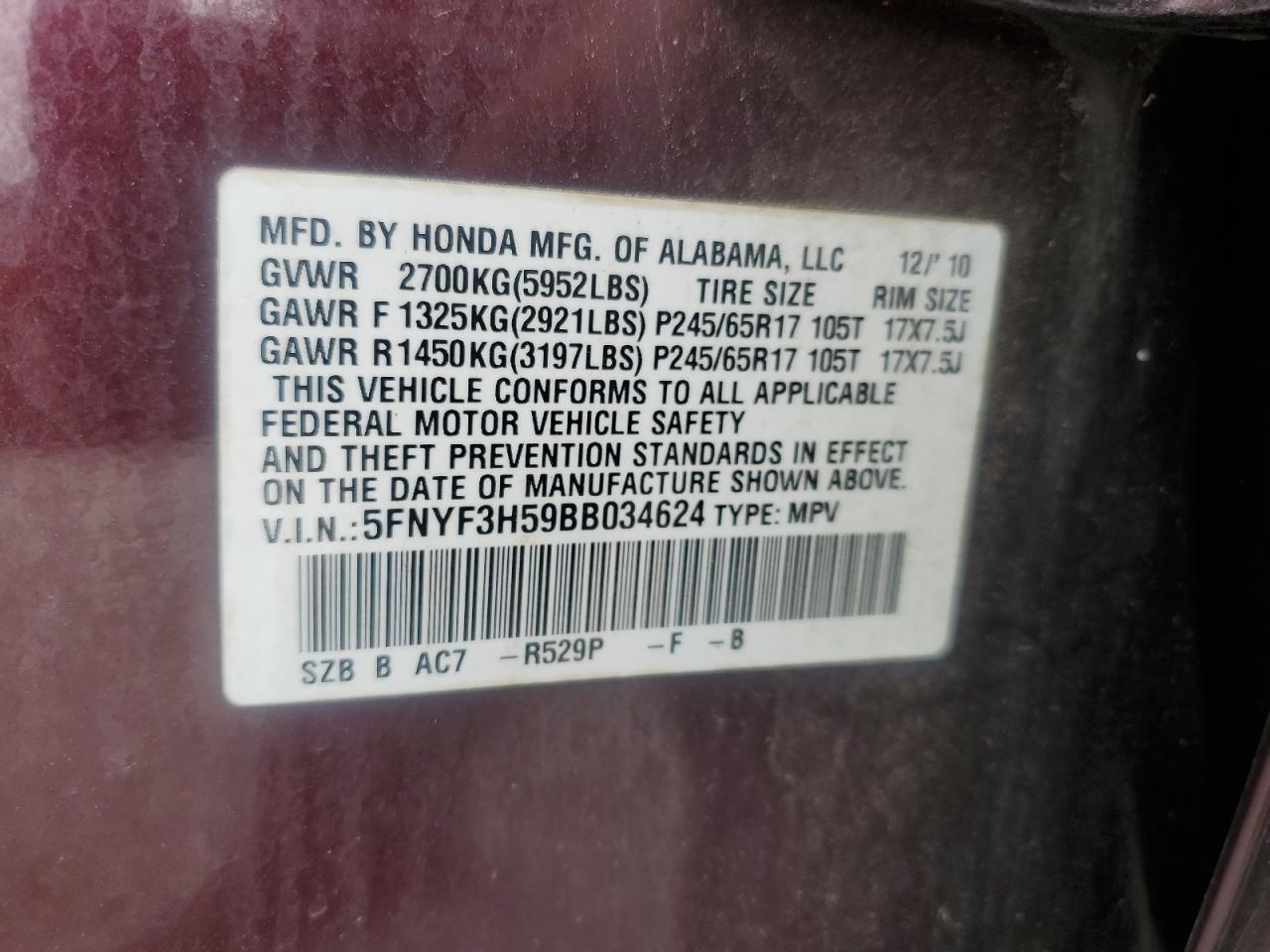 2011 Honda Pilot Exl VIN: 5FNYF3H59BB034624 Lot: 57421405