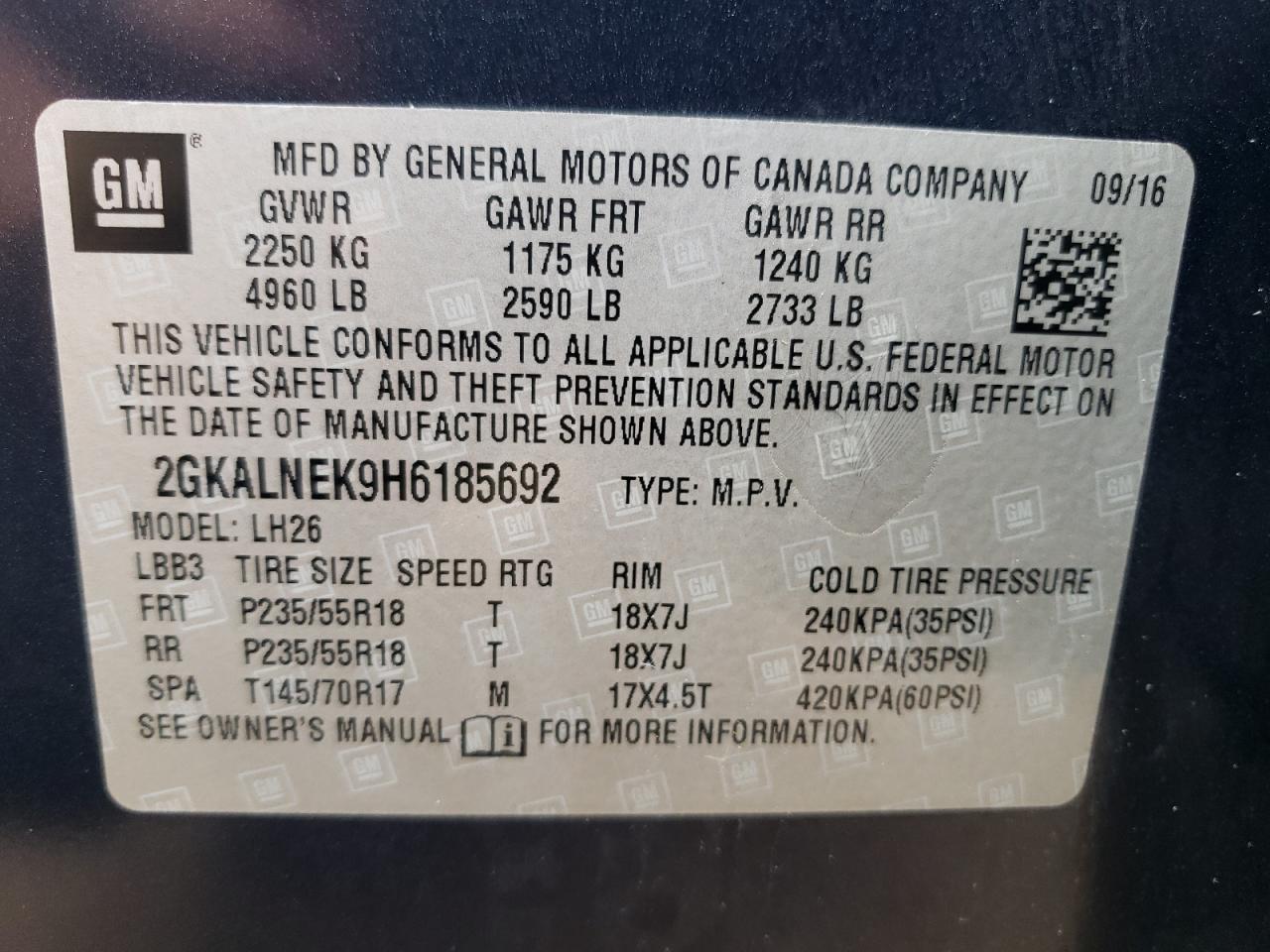 2017 GMC Terrain Sle VIN: 2GKALNEK9H6185692 Lot: 56599585