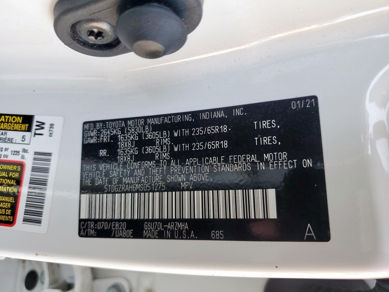 2021 Toyota Highlander Xle VIN: 5TDGZRAH6MS051275 Lot: 57674685