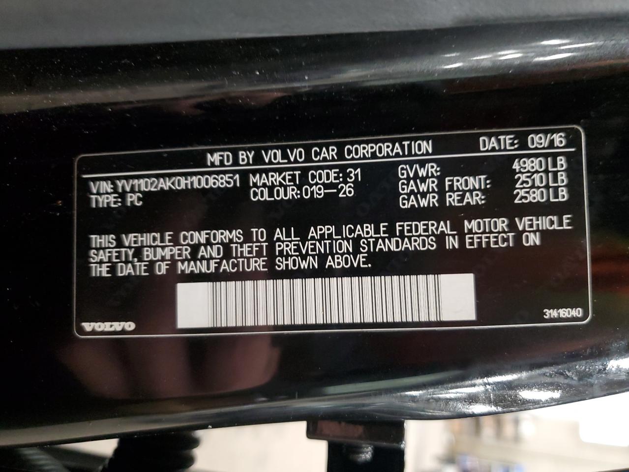 2017 Volvo S90 T5 Momentum VIN: YV1102AK0H1006851 Lot: 57233315