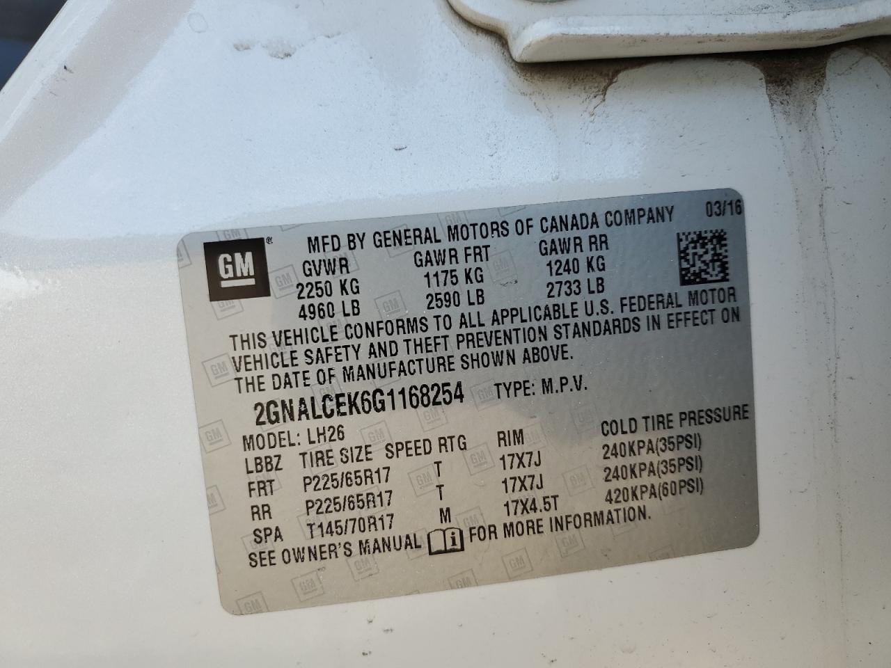 2016 Chevrolet Equinox Lt VIN: 2GNALCEK6G1168254 Lot: 55400685