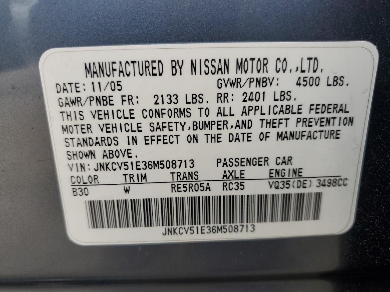 2006 Infiniti G35 VIN: JNKCV51E36M508713 Lot: 56876815