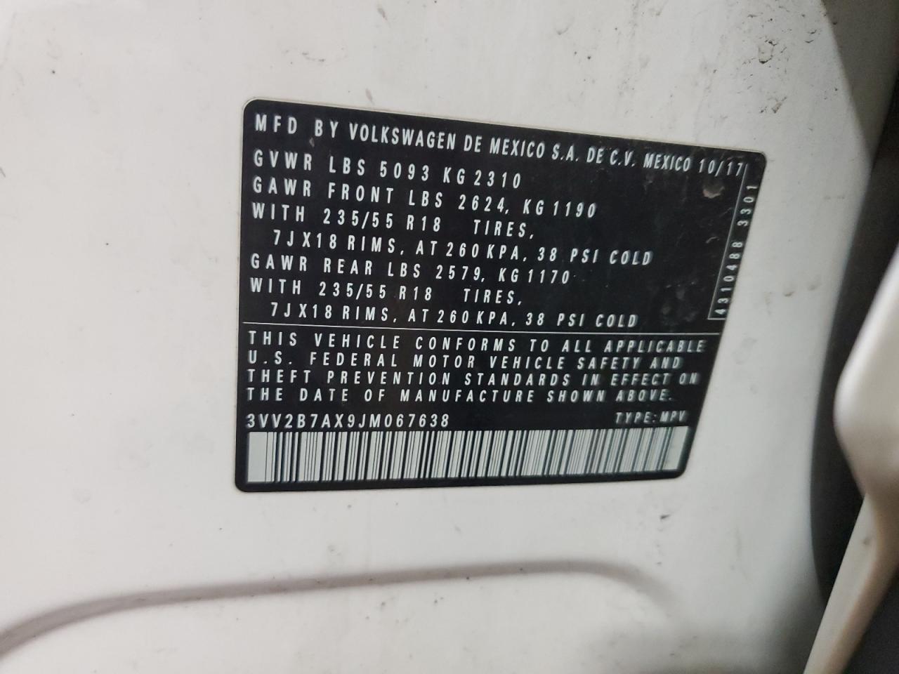 2018 Volkswagen Tiguan Se VIN: 3VV2B7AX9JM067638 Lot: 55454645