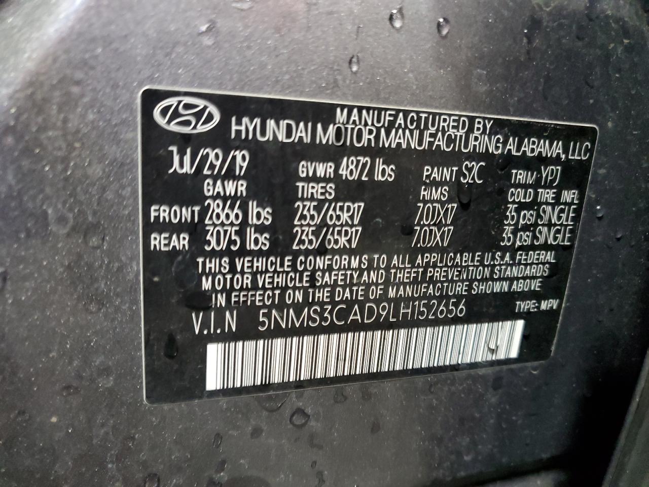 2020 Hyundai Santa Fe Sel VIN: 5NMS3CAD9LH152656 Lot: 56471845