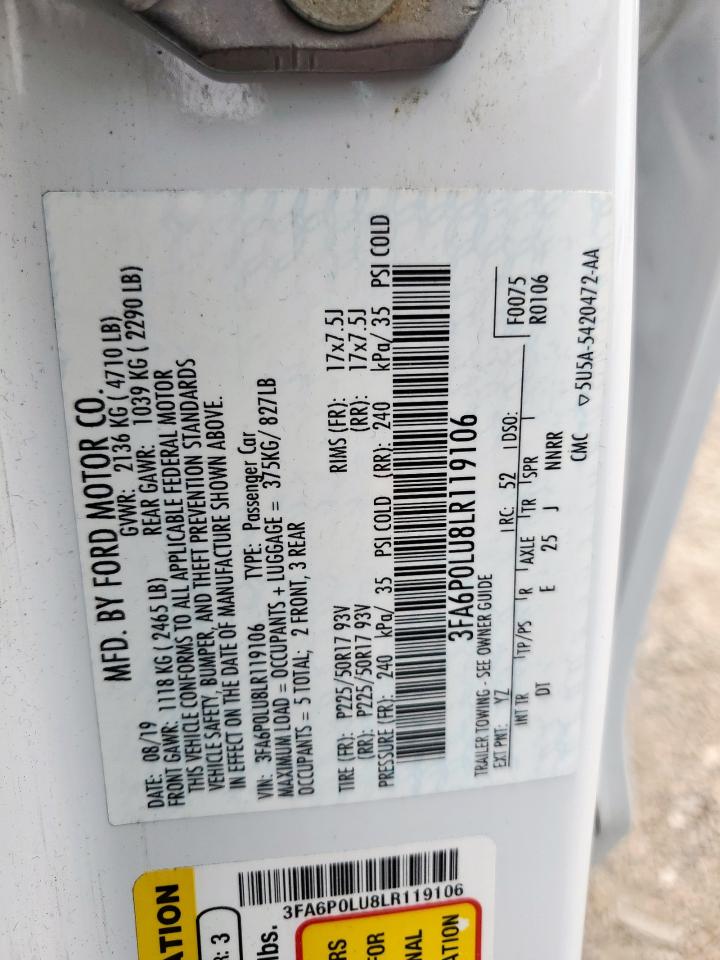 2020 Ford Fusion Se VIN: 3FA6P0LU8LR119106 Lot: 58977895