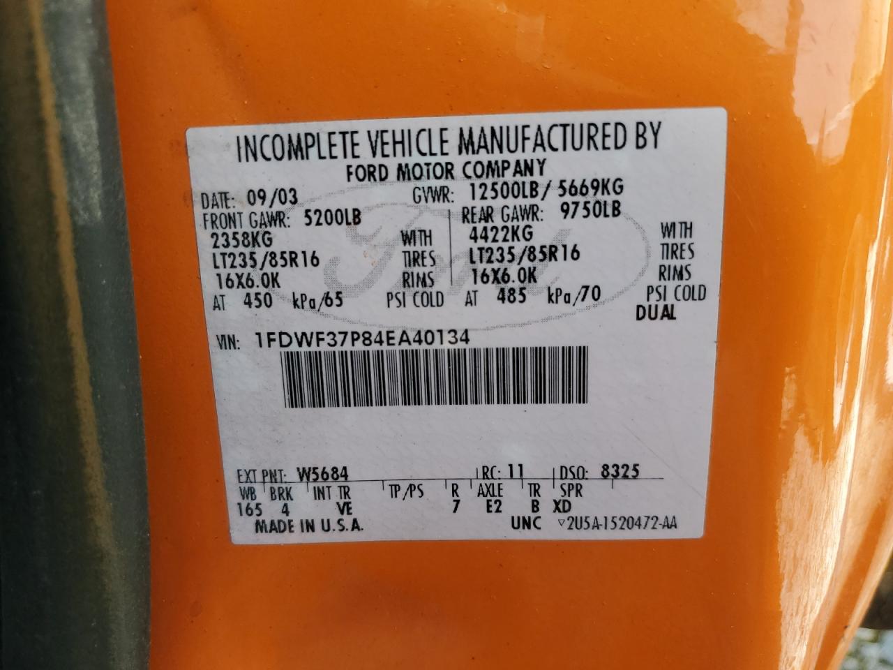 2004 Ford F350 Super Duty VIN: 1FDWF37P84EA40134 Lot: 57761005