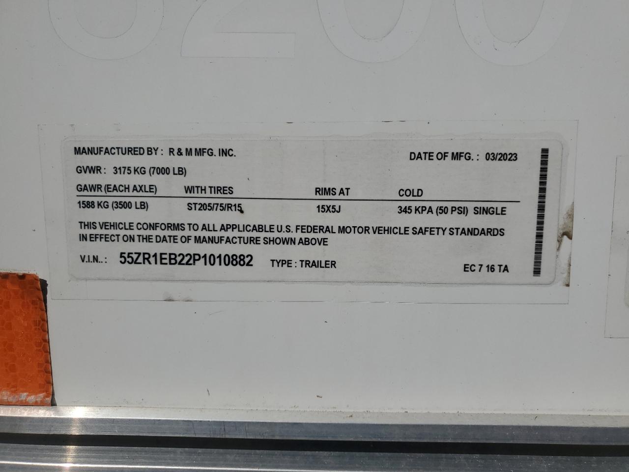 55zr1eb22p1010882 55ZR1EB22P1010882 2023 R & M Ec716Ta Enclosed Cargo Trailer