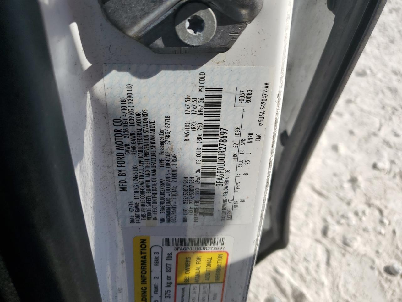 2018 Ford Fusion Se Hybrid VIN: 3FA6P0LU0JR278697 Lot: 54039305