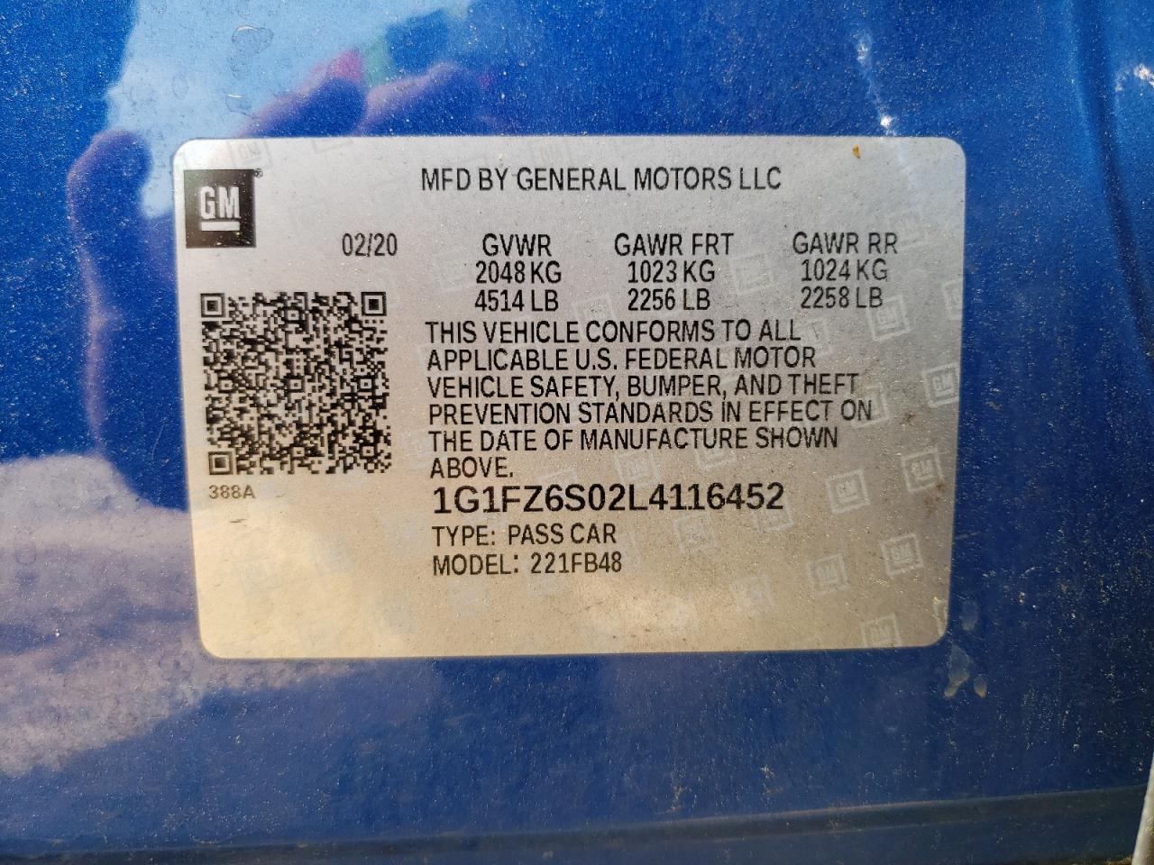 2020 Chevrolet Bolt Ev Premier VIN: 1G1FZ6S02L4116452 Lot: 54778235