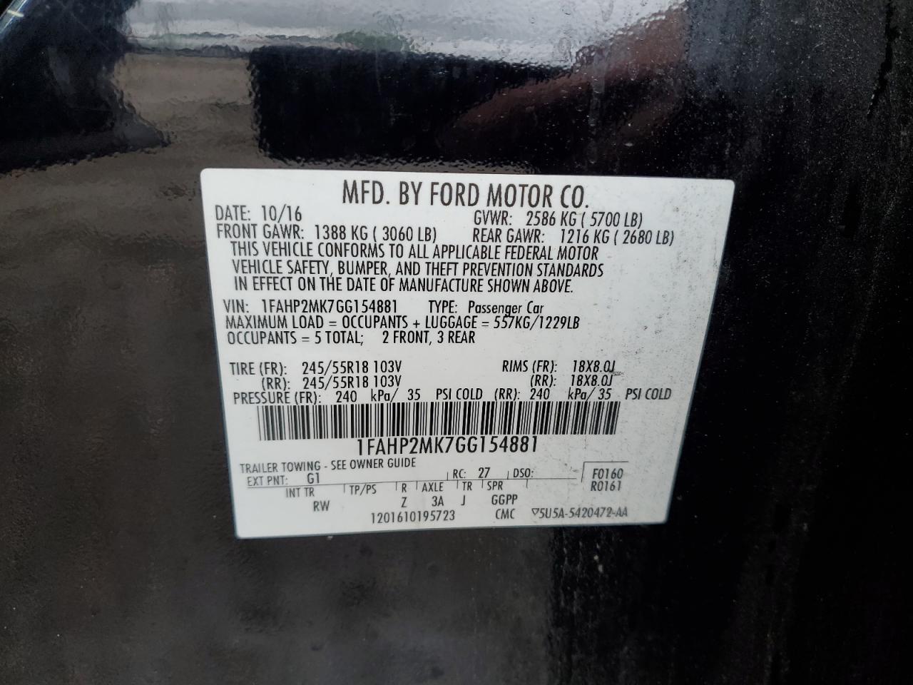 2016 Ford Taurus Police Interceptor VIN: 1FAHP2MK7GG154881 Lot: 54766645