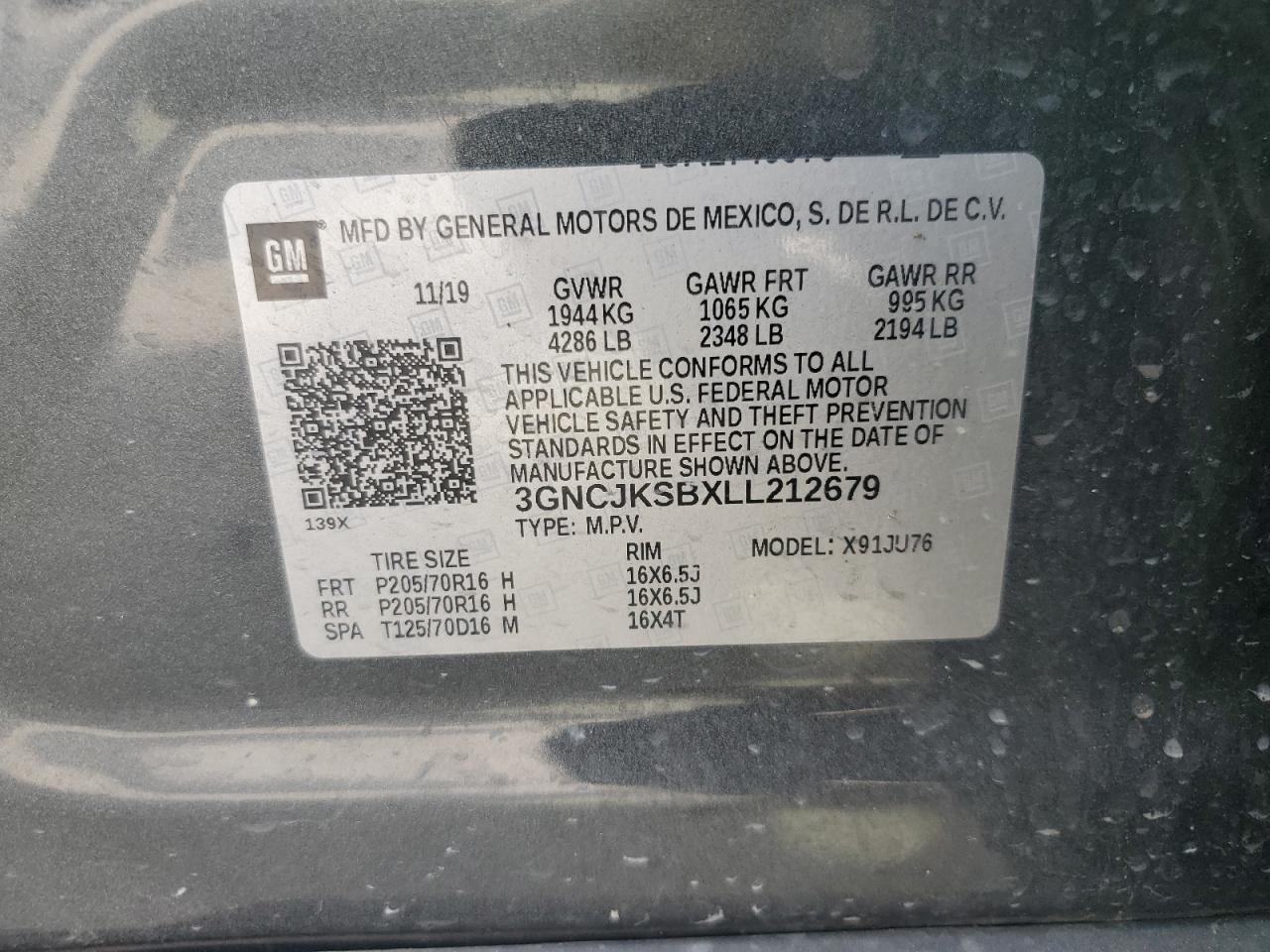 2020 Chevrolet Trax Ls VIN: 3GNCJKSBXLL212679 Lot: 57420675