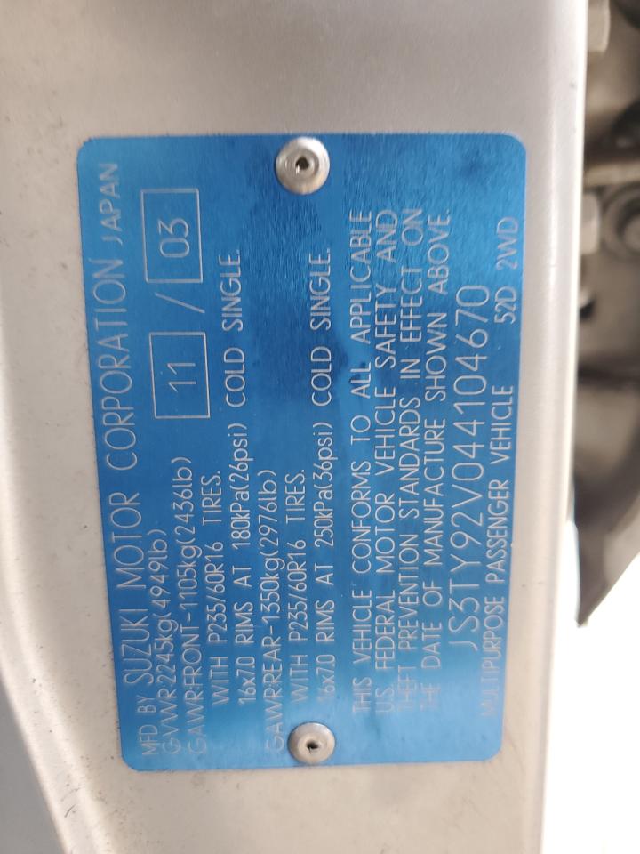2004 Suzuki Xl7 Ex VIN: JS3TY92V044104670 Lot: 56014535