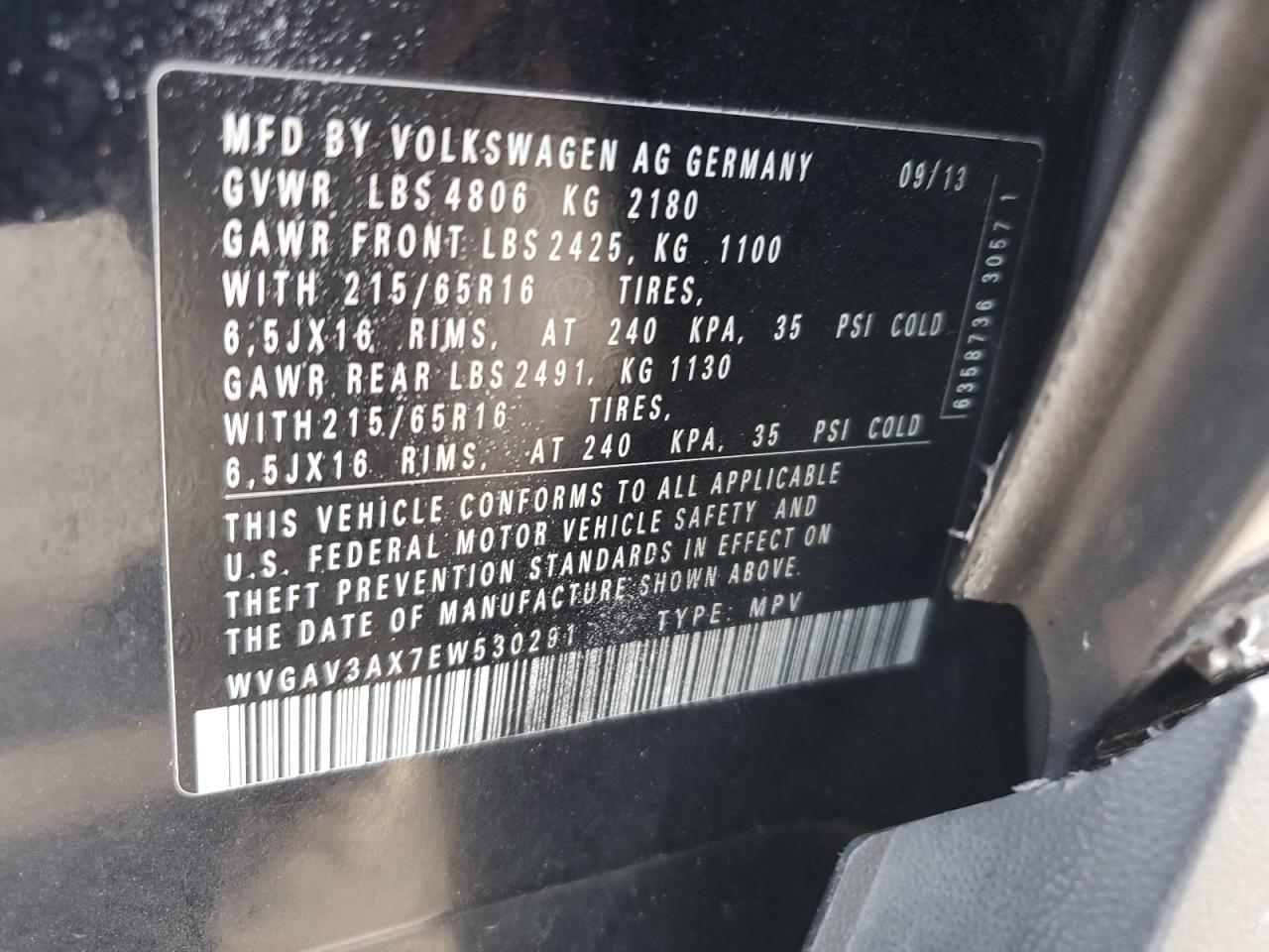 2014 Volkswagen Tiguan S VIN: WVGAV3AX7EW530291 Lot: 58915545