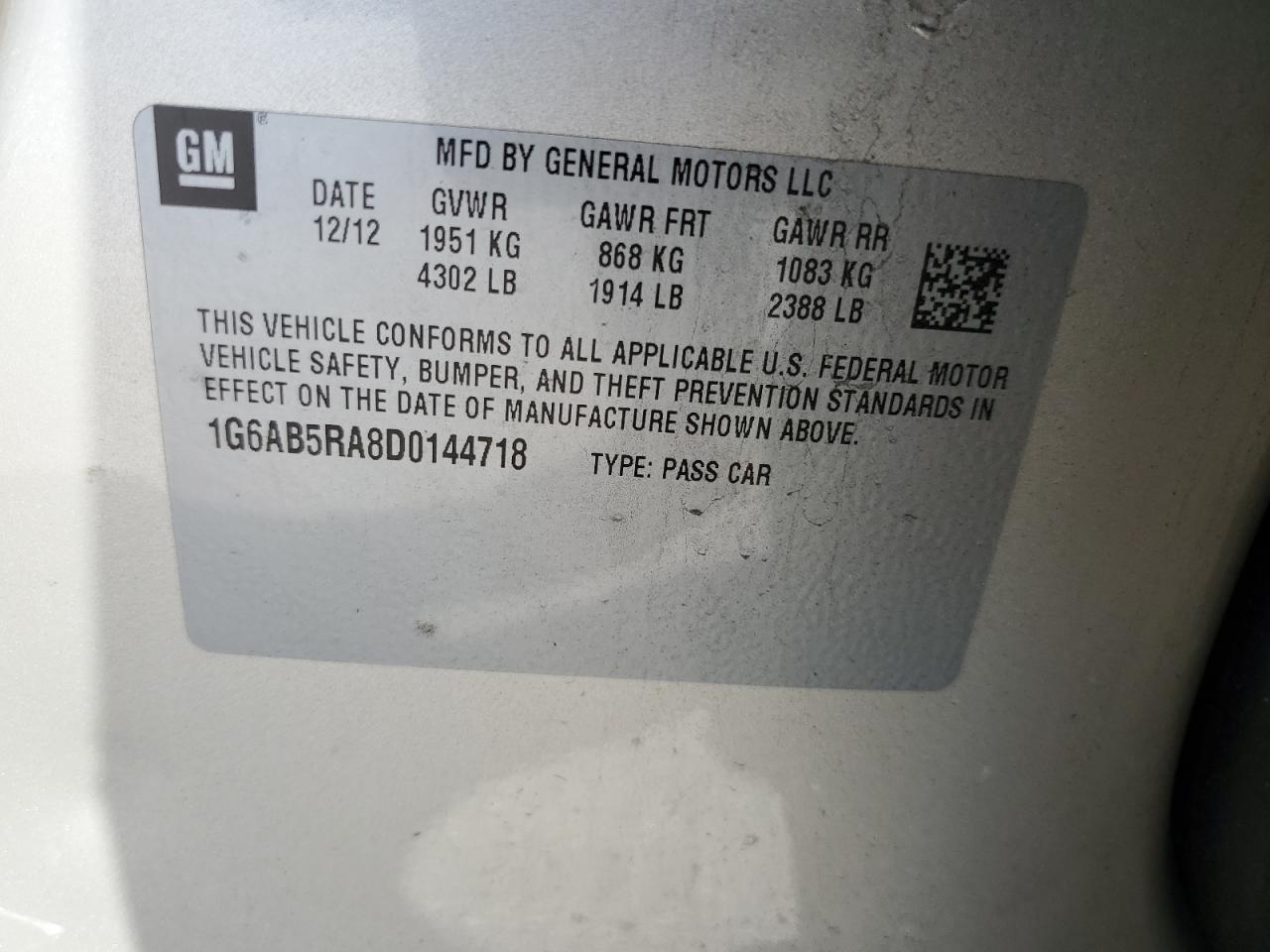 2013 Cadillac Ats Luxury VIN: 1G6AB5RA8D0144718 Lot: 54870035