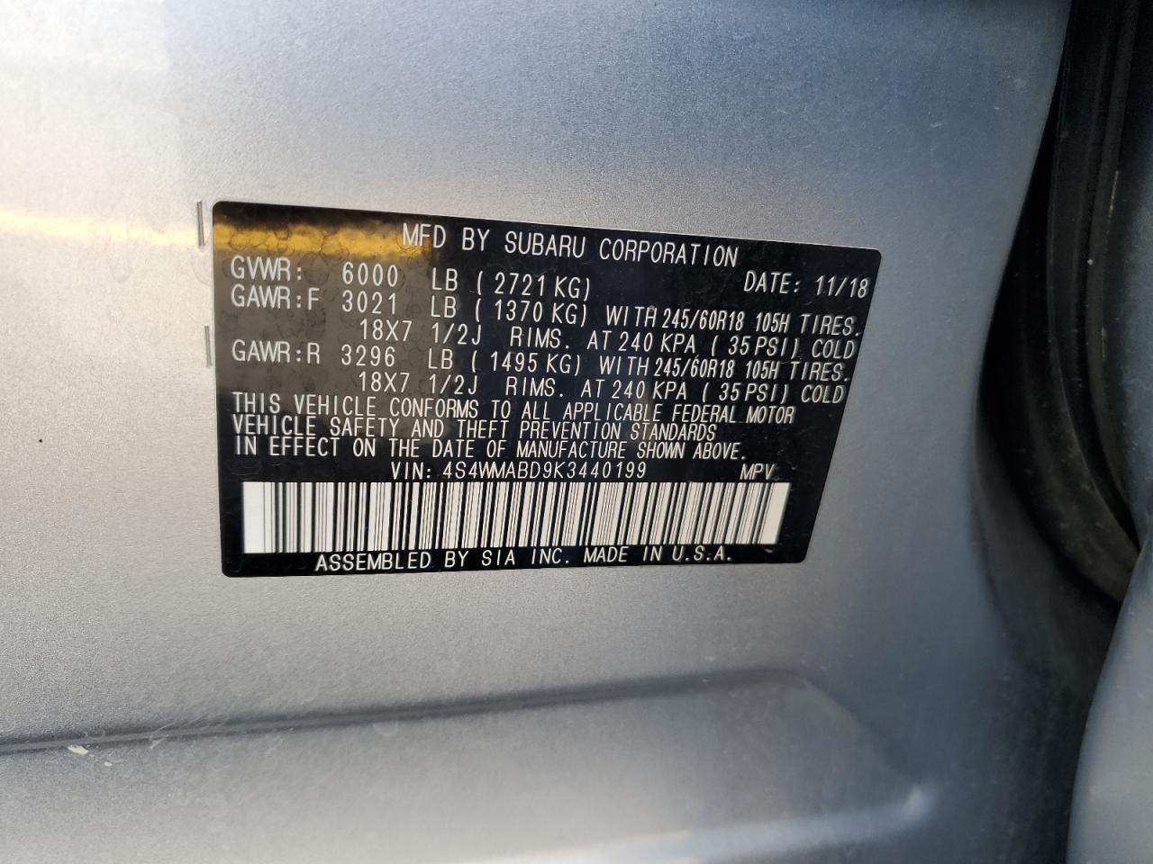 2019 Subaru Ascent Premium VIN: 4S4WMABD9K3440199 Lot: 58461285