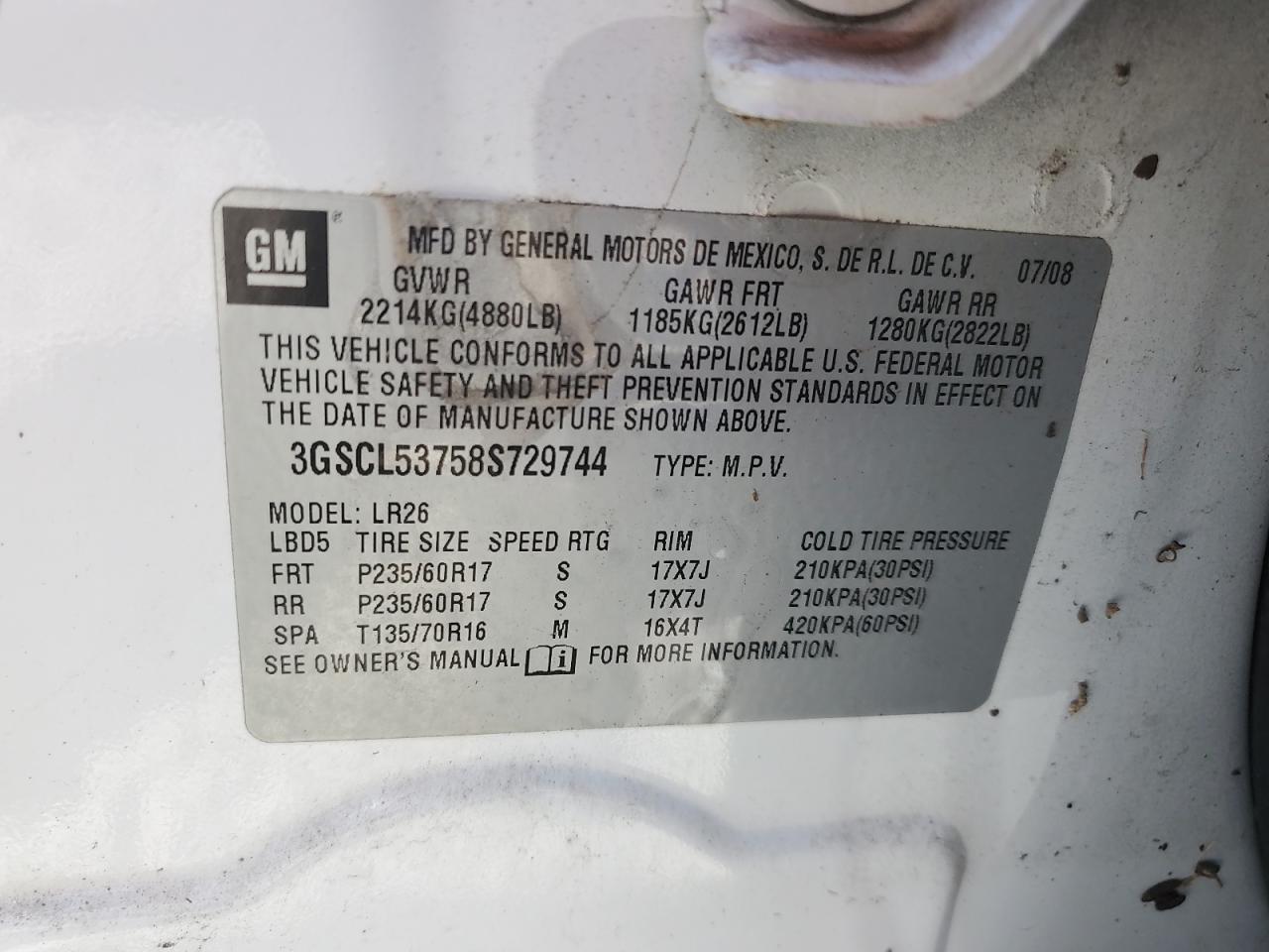 2008 Saturn Vue Xr VIN: 3GSCL53758S729744 Lot: 55077145