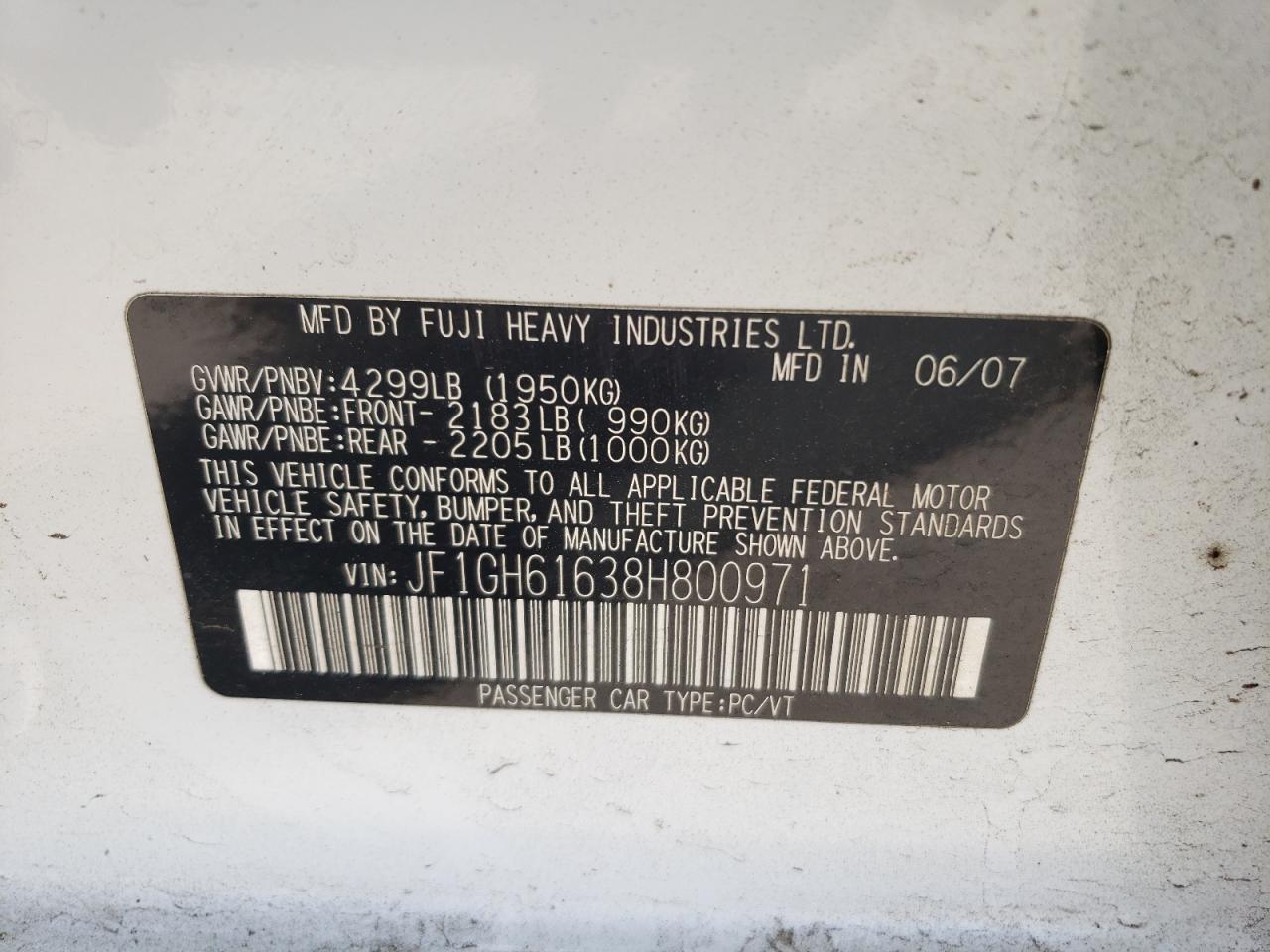 2008 Subaru Impreza 2.5I VIN: JF1GH61638H800971 Lot: 56977775