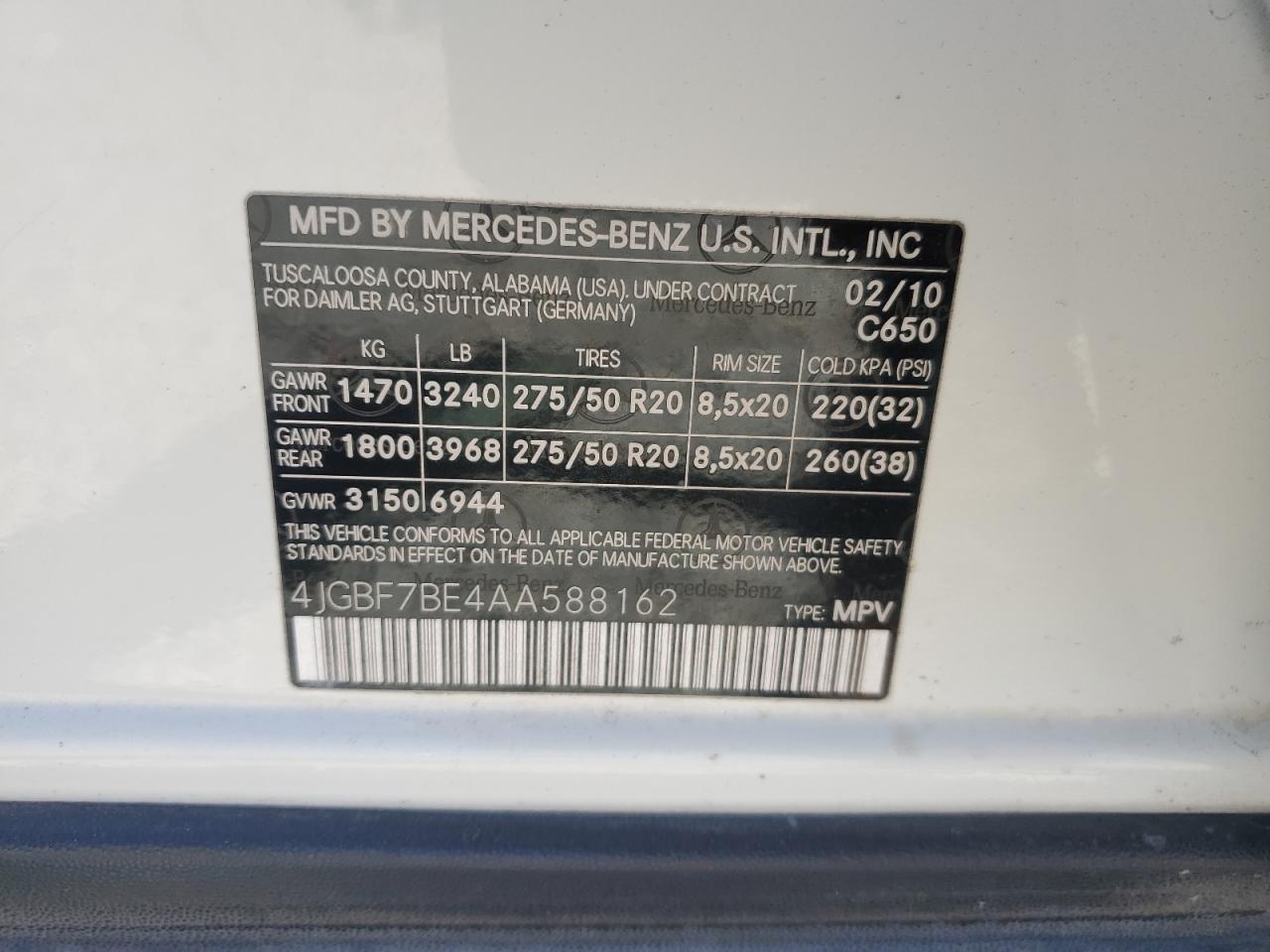 2010 Mercedes-Benz Gl 450 4Matic VIN: 4JGBF7BE4AA588162 Lot: 55501335