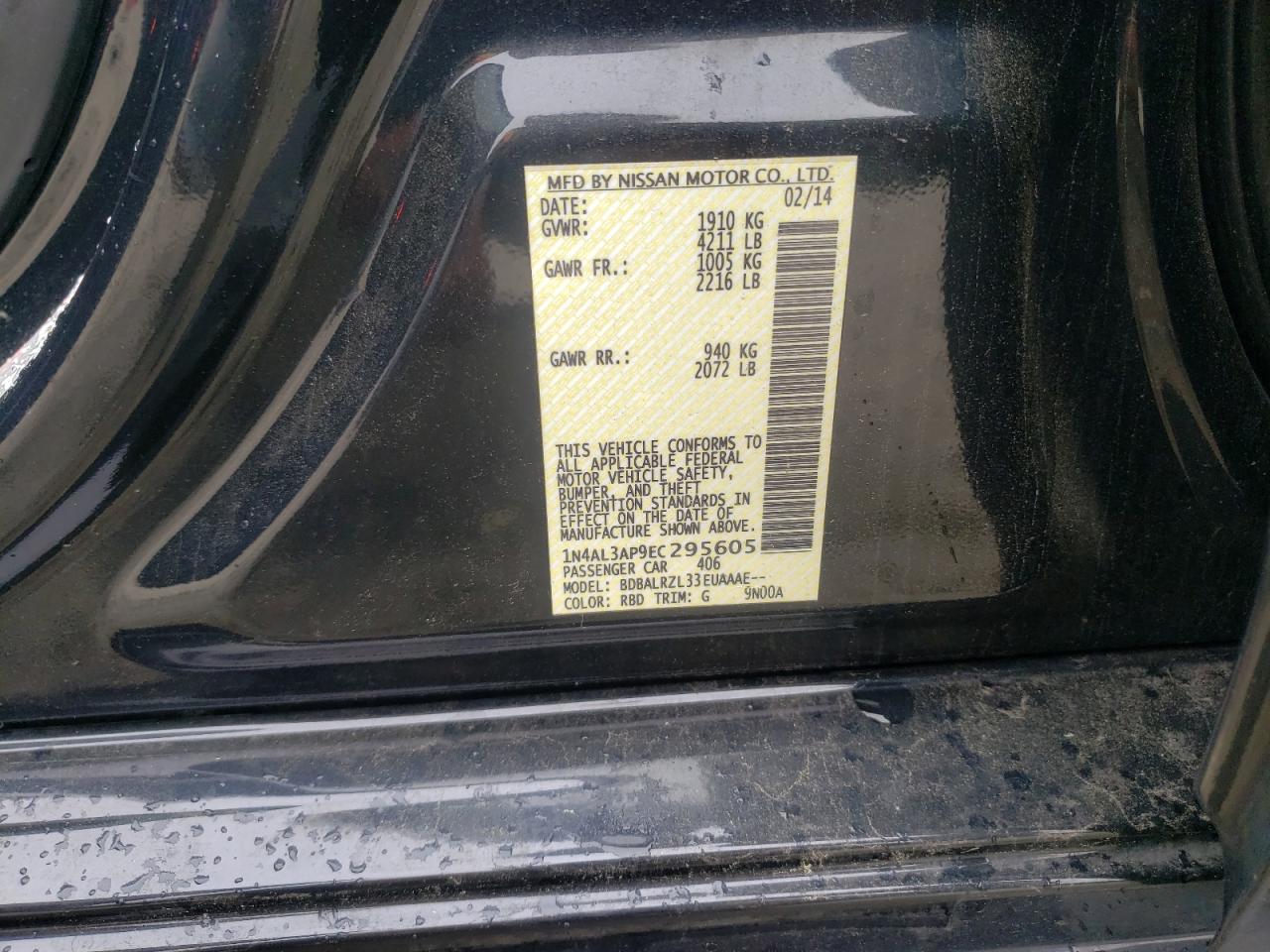 2014 Nissan Altima 2.5 VIN: 1N4AL3AP9EC295605 Lot: 56853525