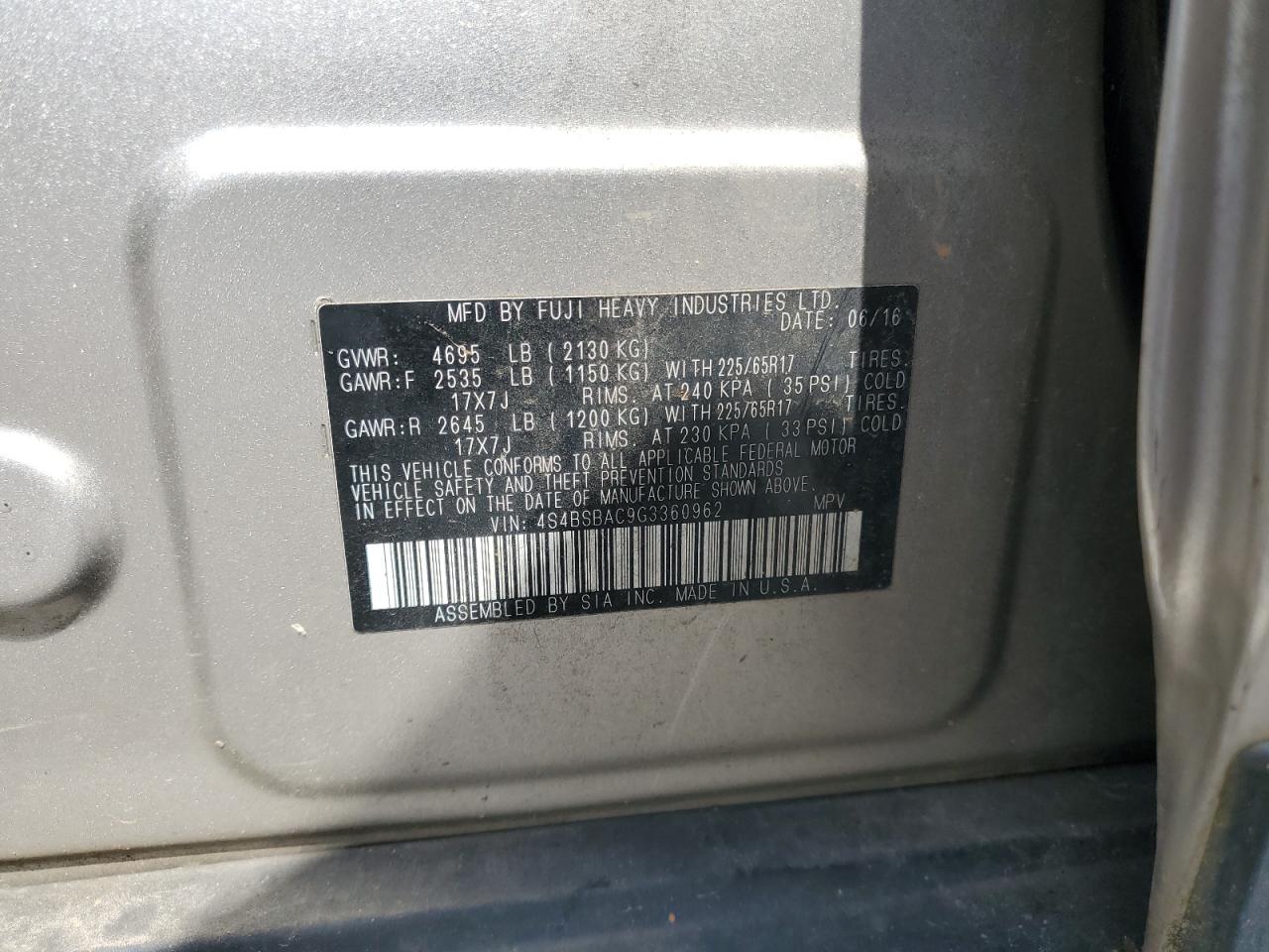 2016 Subaru Outback 2.5I VIN: 4S4BSBAC9G3360962 Lot: 56679325