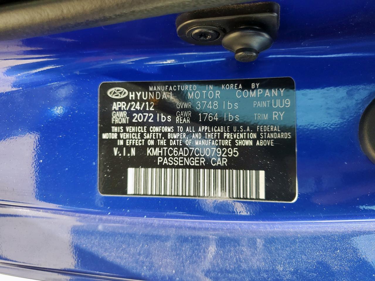 2012 Hyundai Veloster VIN: KMHTC6AD7CU079295 Lot: 56642615