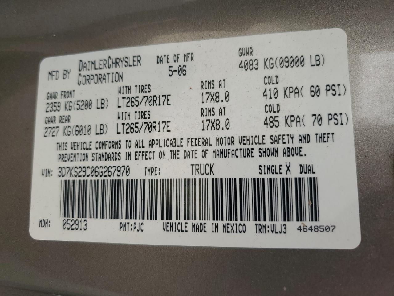 2006 Dodge Ram 2500 VIN: 3D7KS29C06G267970 Lot: 57058745