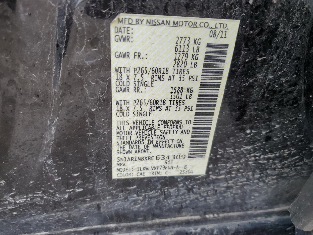 2011 Nissan Pathfinder S VIN: 5N1AR1NBXBC634309 Lot: 58068215